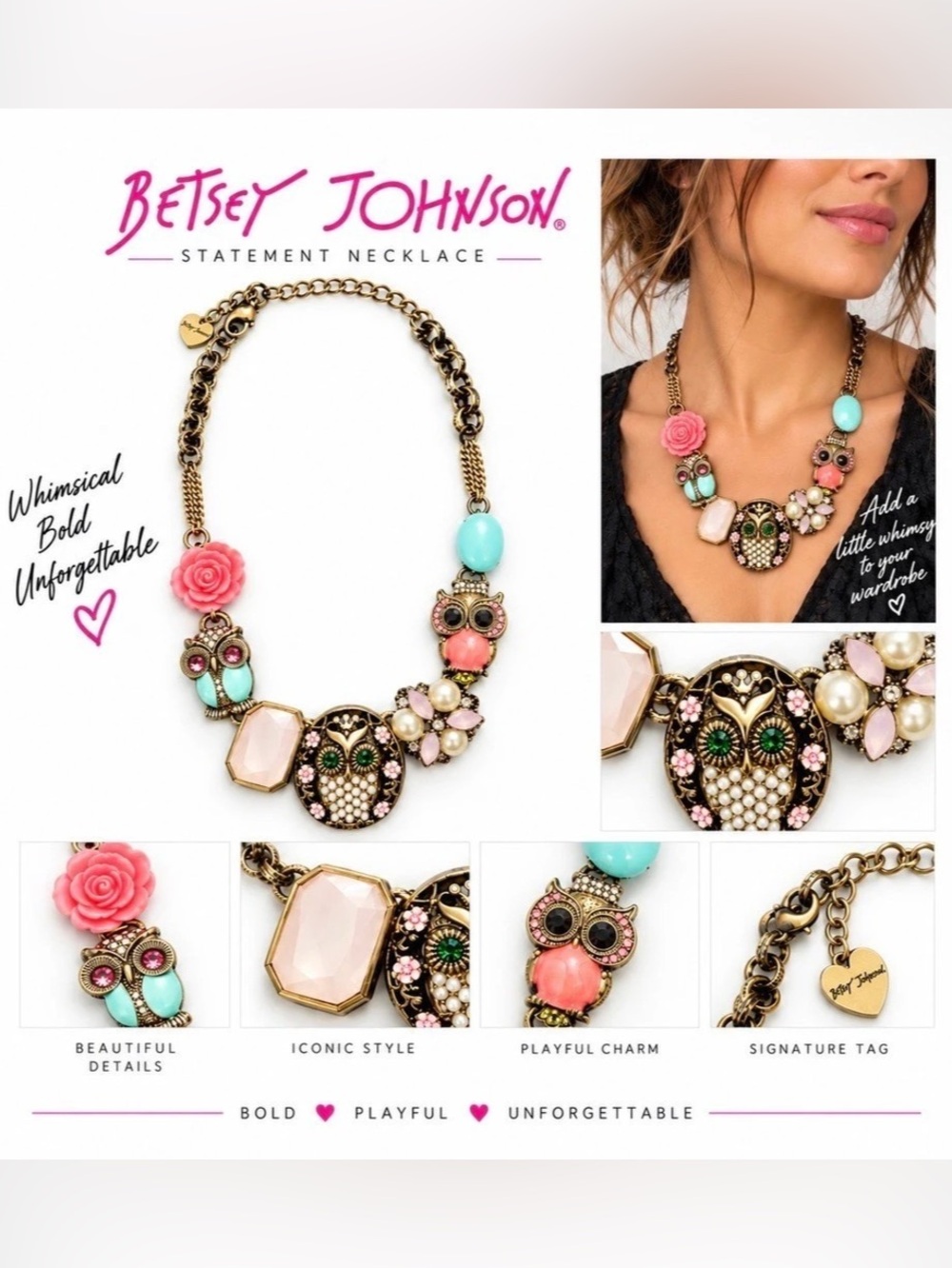 Betsey Johnson Owl Statement Necklace Gold & Pink